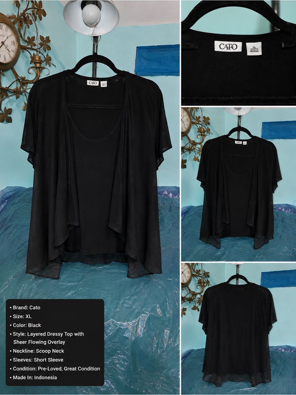 NWT Cato’s Black Layered Sheer Scoop Neck Bloused Tunic/SleevedShirt Women’s  XL